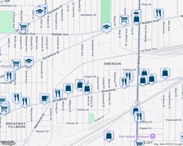 map of restaurants, bars, coffee shops, grocery stores, and more near 90 Goodyear Avenue in Buffalo