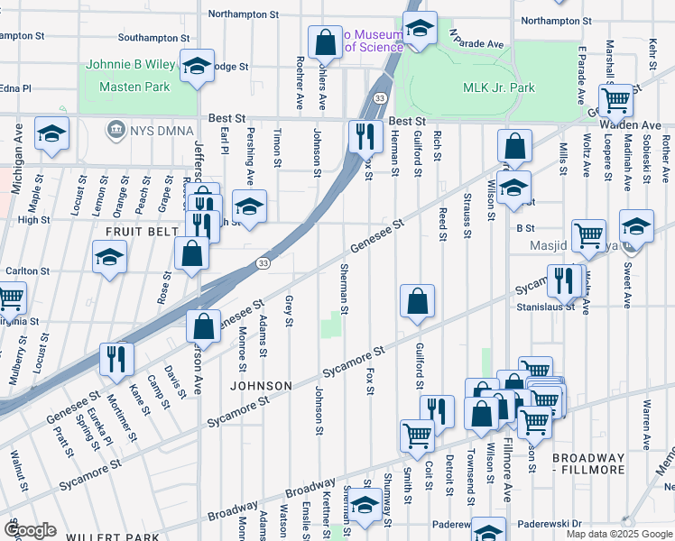 map of restaurants, bars, coffee shops, grocery stores, and more near 544 Sherman Street in Buffalo