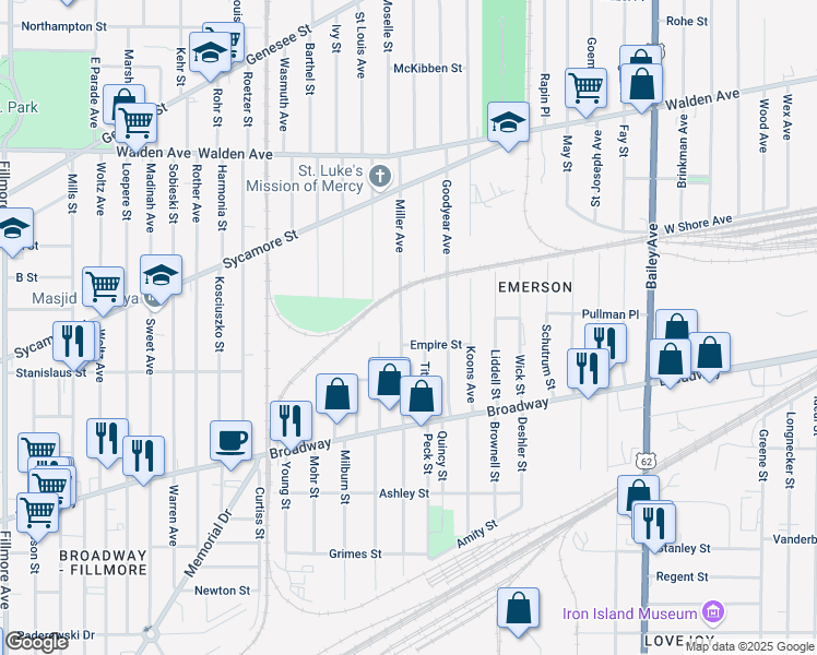 map of restaurants, bars, coffee shops, grocery stores, and more near 99 Miller Avenue in Buffalo