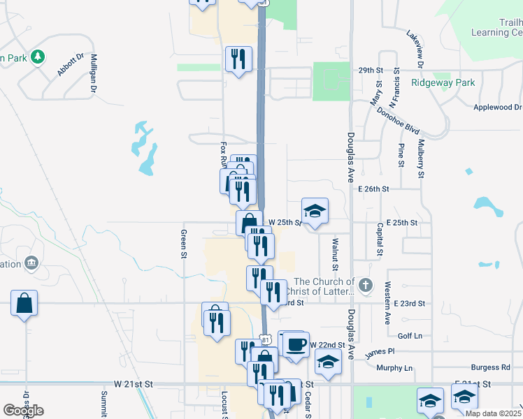 map of restaurants, bars, coffee shops, grocery stores, and more near Broadway Avenue in Yankton