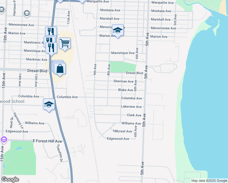 map of restaurants, bars, coffee shops, grocery stores, and more near 713 Blake Avenue in South Milwaukee