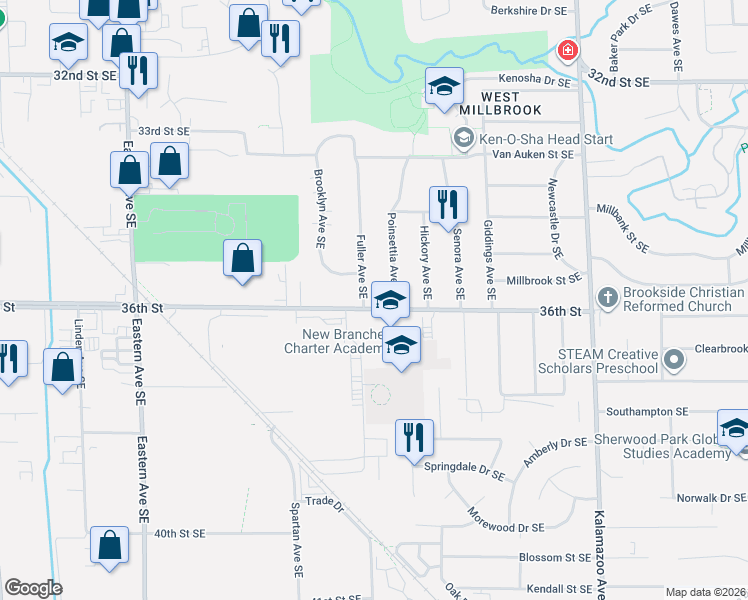 map of restaurants, bars, coffee shops, grocery stores, and more near 3544 Fuller Avenue Southeast in Grand Rapids