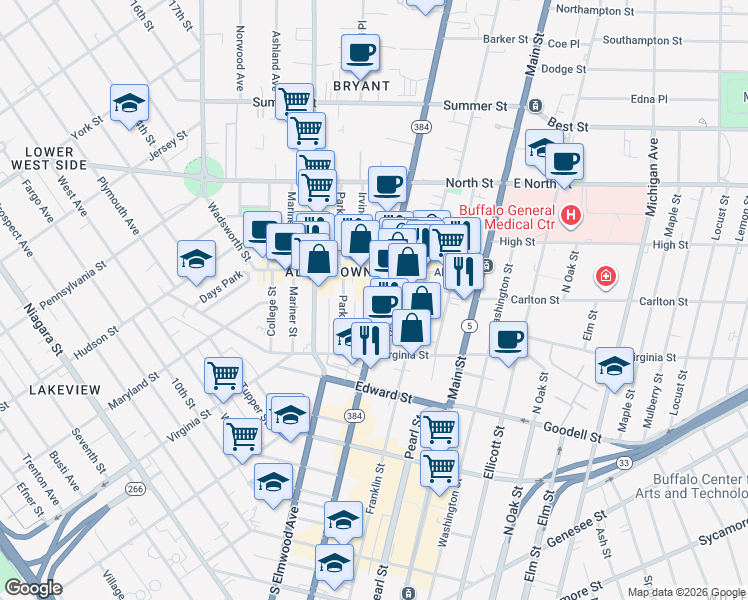map of restaurants, bars, coffee shops, grocery stores, and more near 534 Delaware Avenue in Buffalo