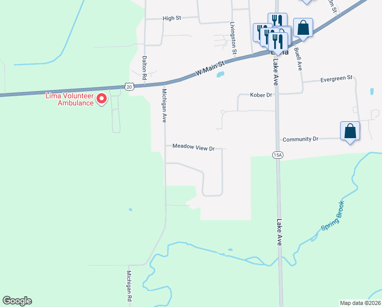 map of restaurants, bars, coffee shops, grocery stores, and more near 7172 Meadowview Drive in Lima