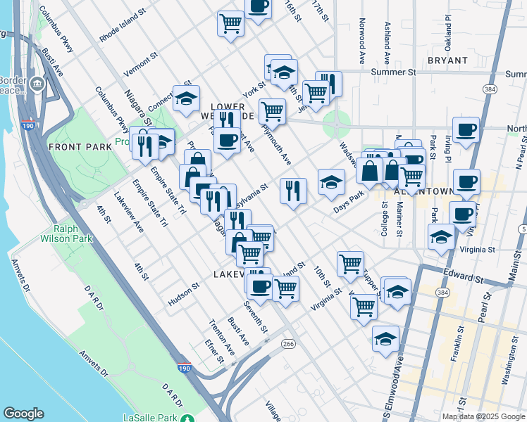 map of restaurants, bars, coffee shops, grocery stores, and more near 36 Fargo Avenue in Buffalo