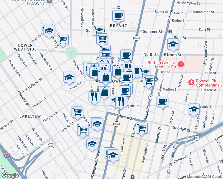 map of restaurants, bars, coffee shops, grocery stores, and more near 58 Park Street in Buffalo