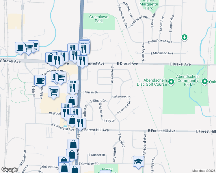 map of restaurants, bars, coffee shops, grocery stores, and more near 331 East Kendale Drive in Oak Creek