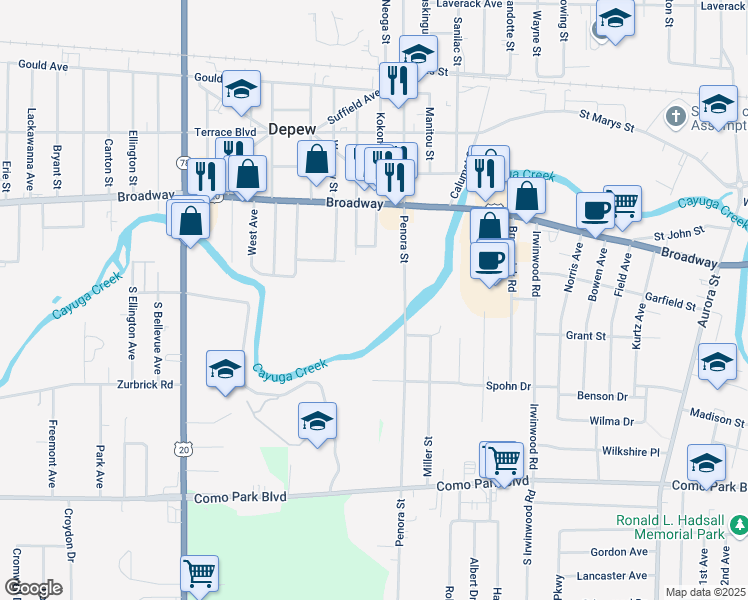 map of restaurants, bars, coffee shops, grocery stores, and more near 15 Short Street in Depew