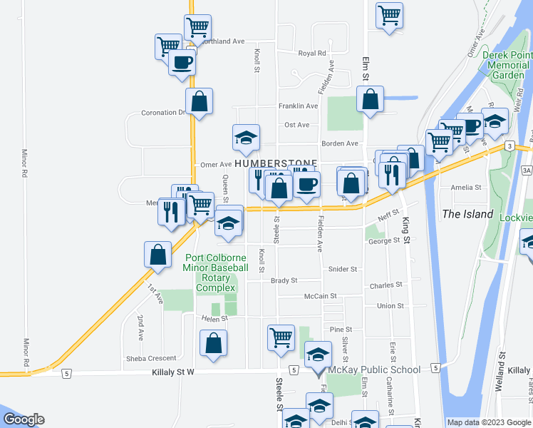 map of restaurants, bars, coffee shops, grocery stores, and more near 496 Main Street West in Port Colborne