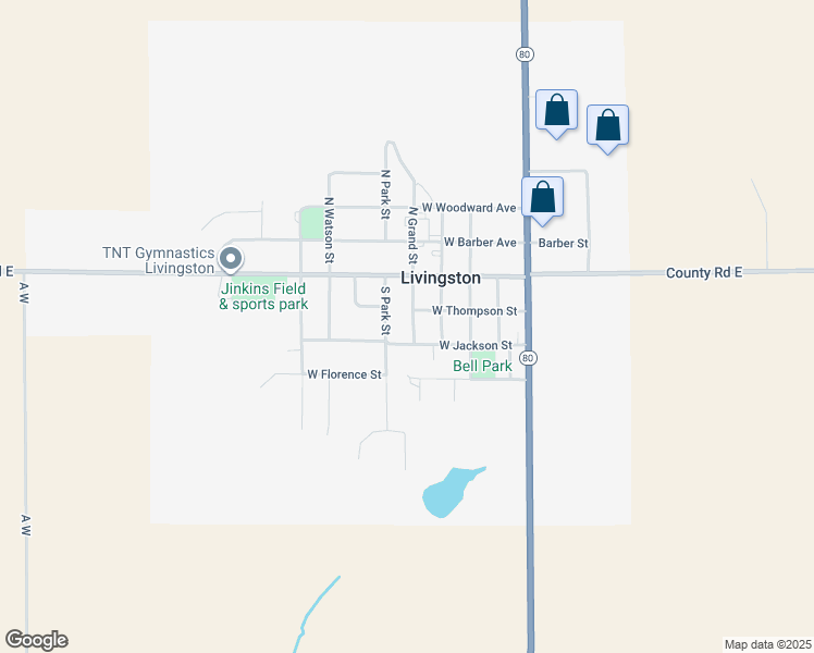 map of restaurants, bars, coffee shops, grocery stores, and more near 215 South Grand Street in Livingston