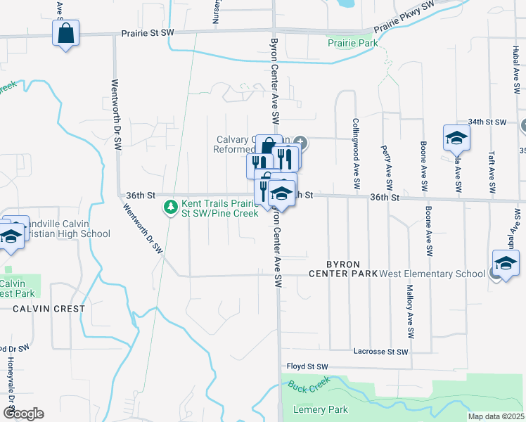 map of restaurants, bars, coffee shops, grocery stores, and more near 2412 36th Street Southwest in Wyoming