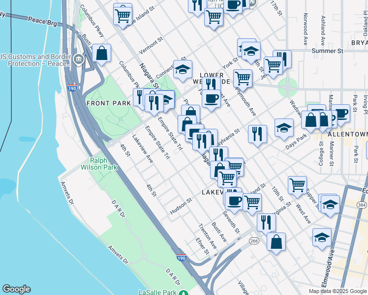 map of restaurants, bars, coffee shops, grocery stores, and more near 497 7th Street in Buffalo