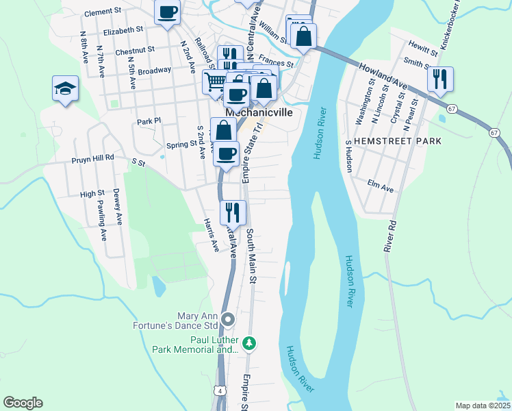 map of restaurants, bars, coffee shops, grocery stores, and more near 132 South Main Street in Mechanicville