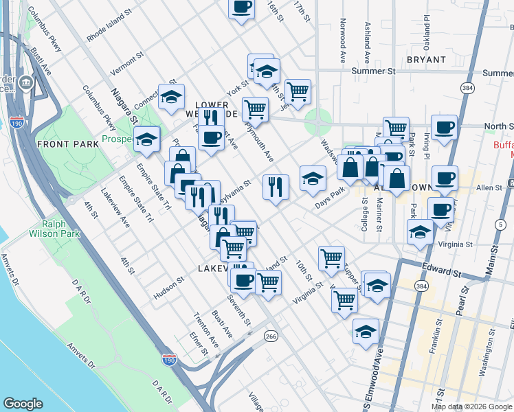 map of restaurants, bars, coffee shops, grocery stores, and more near 220 West Avenue in Buffalo