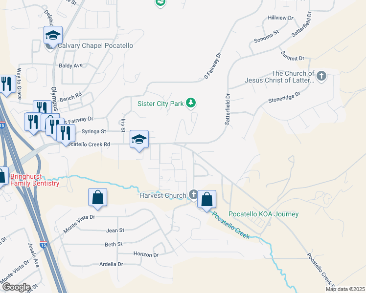 map of restaurants, bars, coffee shops, grocery stores, and more near 2235 Pocatello Creek Road in Pocatello