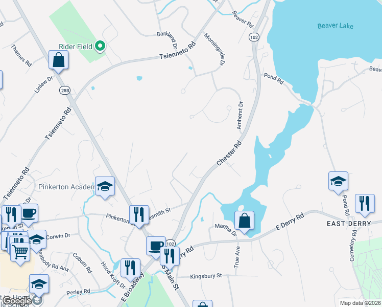 map of restaurants, bars, coffee shops, grocery stores, and more near 4 Pembroke Drive in Derry