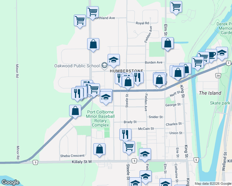 map of restaurants, bars, coffee shops, grocery stores, and more near 506 Main Street West in Port Colborne