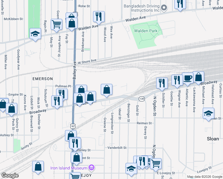 map of restaurants, bars, coffee shops, grocery stores, and more near 1800 Broadway in Buffalo