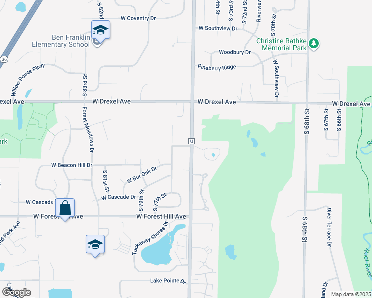 map of restaurants, bars, coffee shops, grocery stores, and more near 7605 West Norwood Lane in Franklin