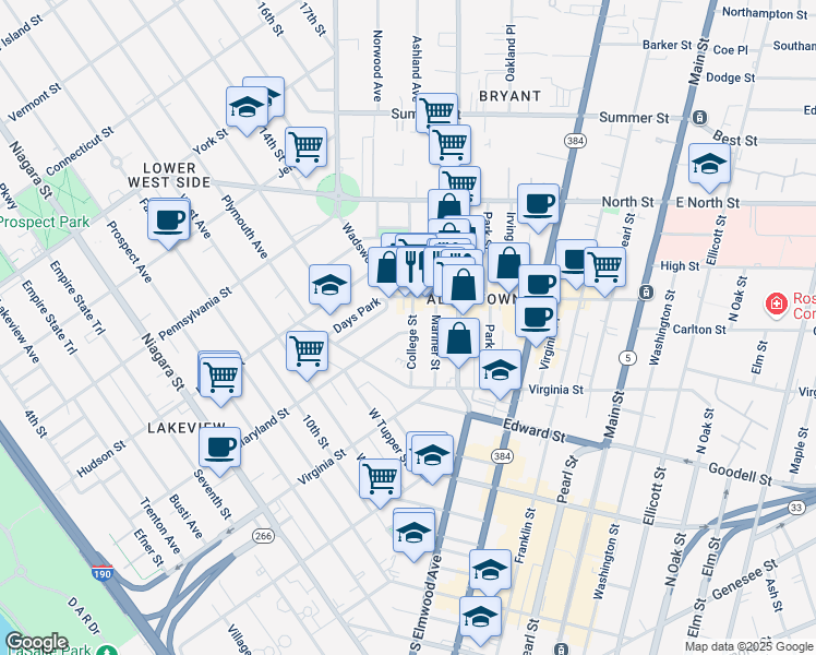 map of restaurants, bars, coffee shops, grocery stores, and more near 60 College Street in Buffalo