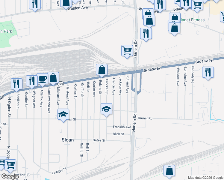 map of restaurants, bars, coffee shops, grocery stores, and more near 136 Francis Avenue in Sloan