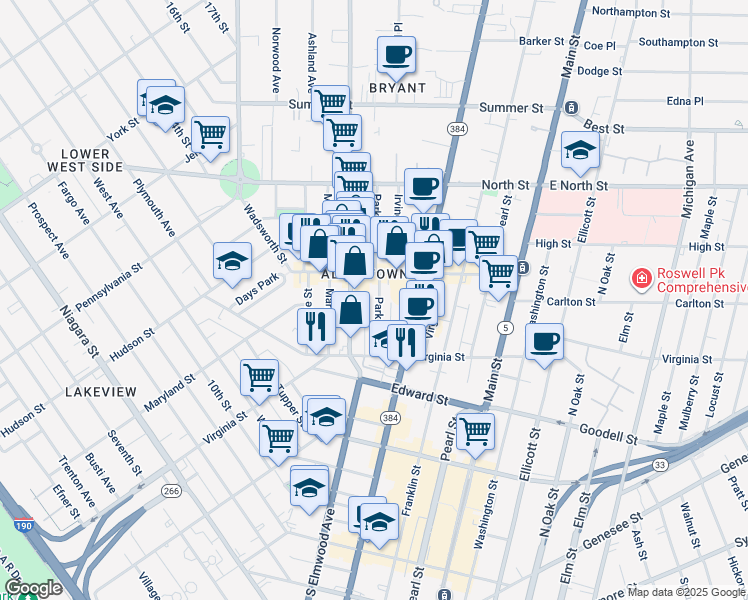 map of restaurants, bars, coffee shops, grocery stores, and more near 58 Park Street in Buffalo