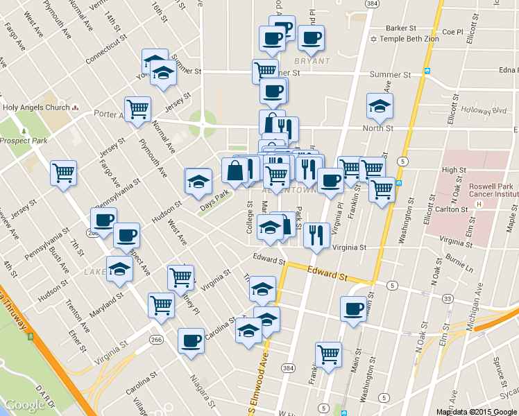 map of restaurants, bars, coffee shops, grocery stores, and more near 60 College Street in Buffalo