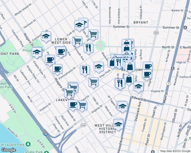 map of restaurants, bars, coffee shops, grocery stores, and more near 40 Days Park in Buffalo