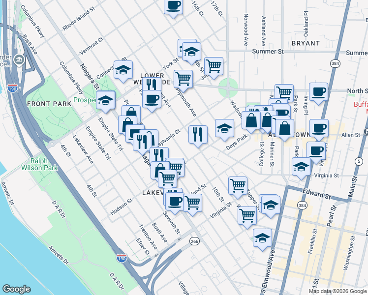 map of restaurants, bars, coffee shops, grocery stores, and more near 220 West Avenue in Buffalo