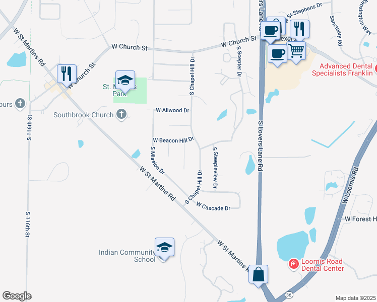map of restaurants, bars, coffee shops, grocery stores, and more near 10519 Beacon Hill Court East in Franklin