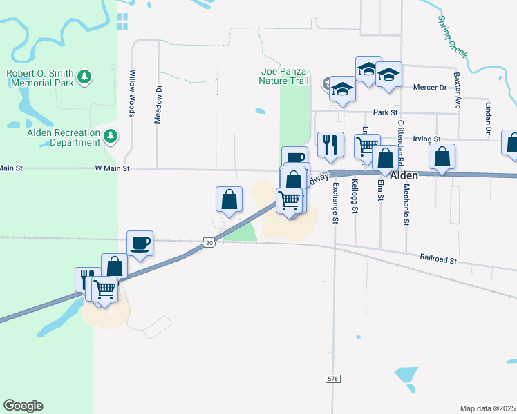map of restaurants, bars, coffee shops, grocery stores, and more near 13070 Broadway in Alden