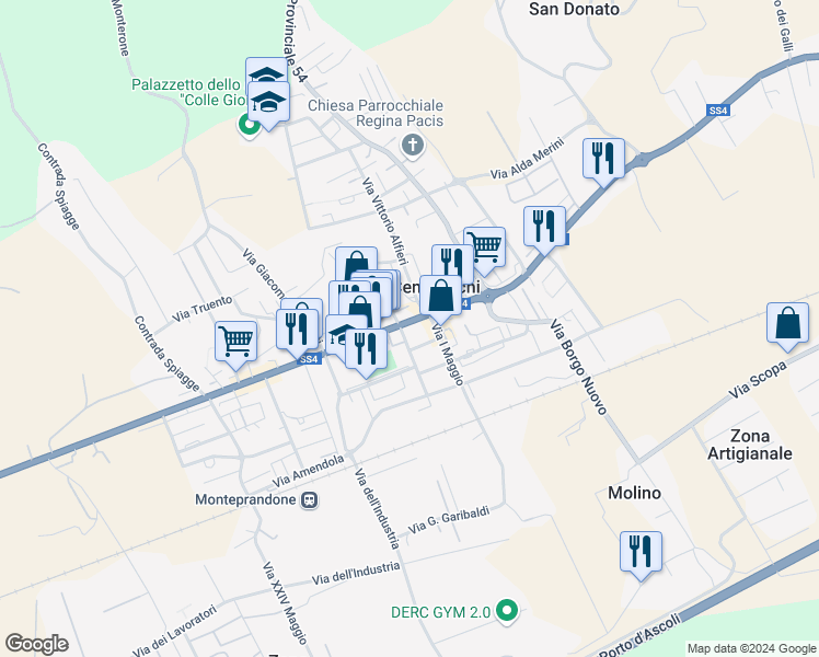 map of restaurants, bars, coffee shops, grocery stores, and more near 73 Viale Alcide De Gasperi in Centobuchi