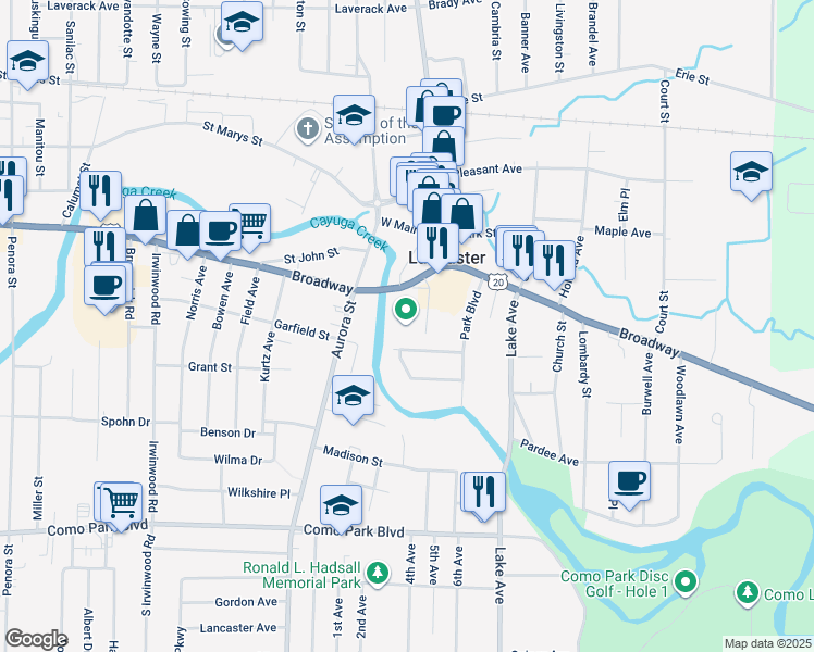 map of restaurants, bars, coffee shops, grocery stores, and more near 33 Legion Parkway in Lancaster