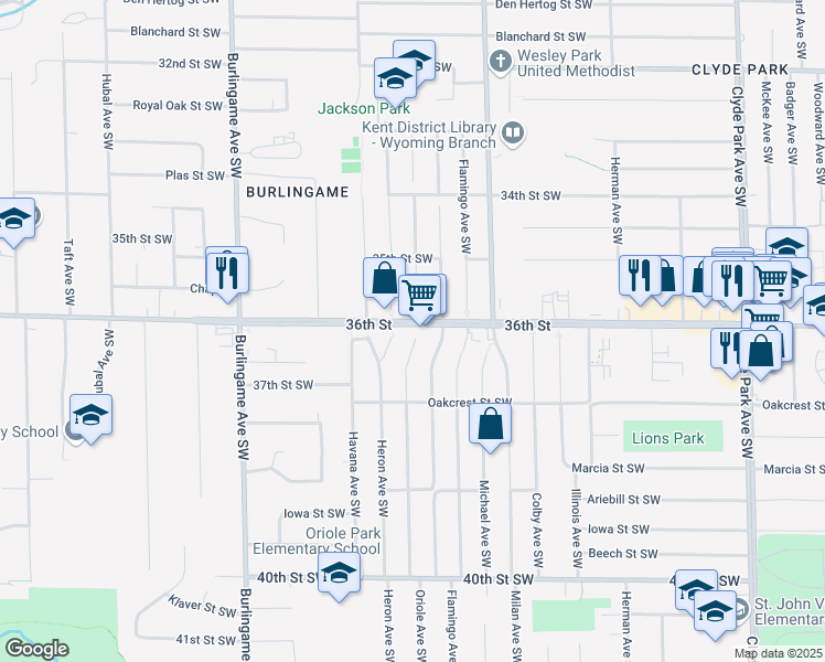 map of restaurants, bars, coffee shops, grocery stores, and more near 1310 36th Street Southwest in Wyoming