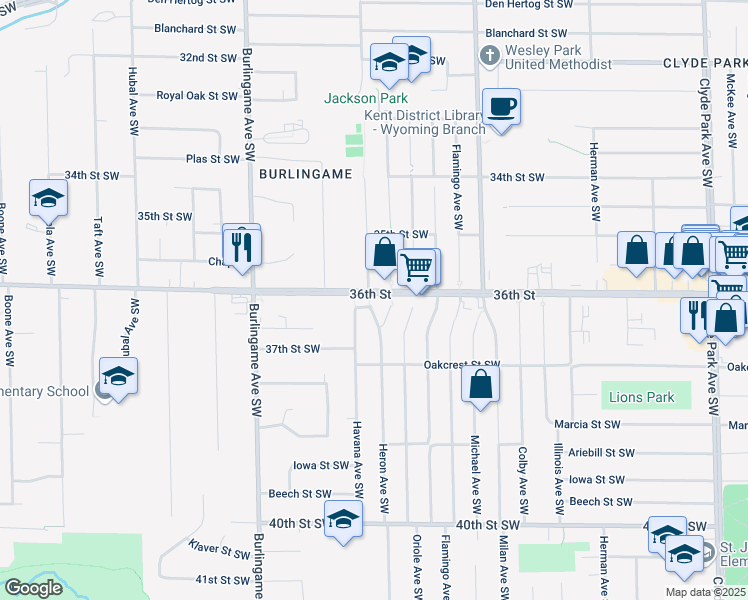 map of restaurants, bars, coffee shops, grocery stores, and more near 1396 36th Street in Wyoming