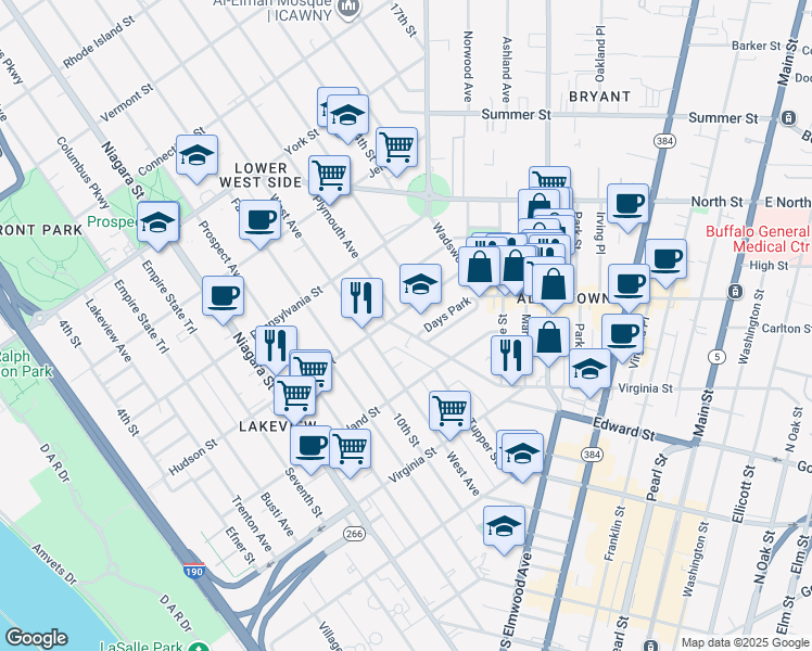 map of restaurants, bars, coffee shops, grocery stores, and more near 143 Cottage Street in Buffalo