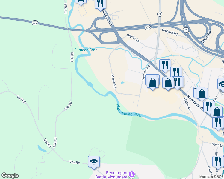 map of restaurants, bars, coffee shops, grocery stores, and more near 375 Morse Road in Bennington County