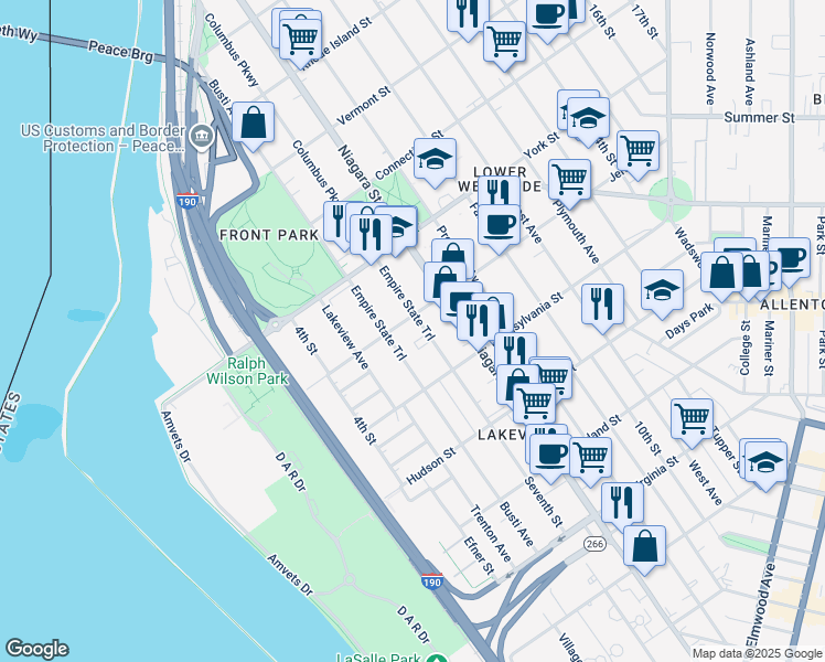map of restaurants, bars, coffee shops, grocery stores, and more near 509 Busti Avenue in Buffalo