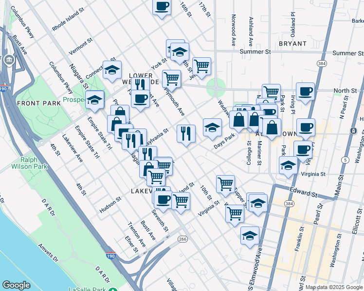 map of restaurants, bars, coffee shops, grocery stores, and more near 220 West Avenue in Buffalo