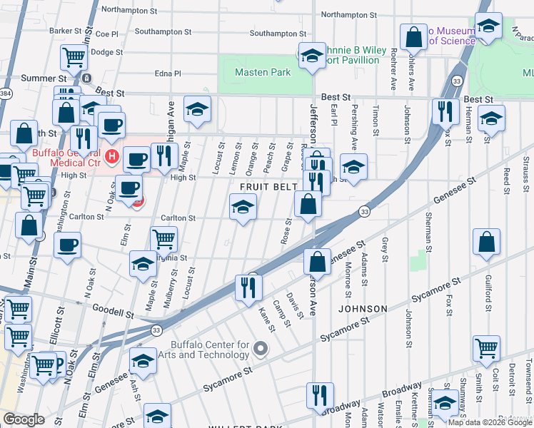 map of restaurants, bars, coffee shops, grocery stores, and more near 328 Carlton Street in Buffalo