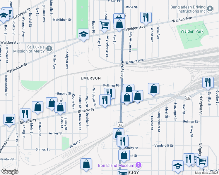 map of restaurants, bars, coffee shops, grocery stores, and more near 61 Shepard Street in Buffalo