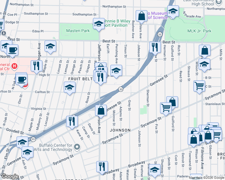 map of restaurants, bars, coffee shops, grocery stores, and more near 450 Carlton Street in Buffalo