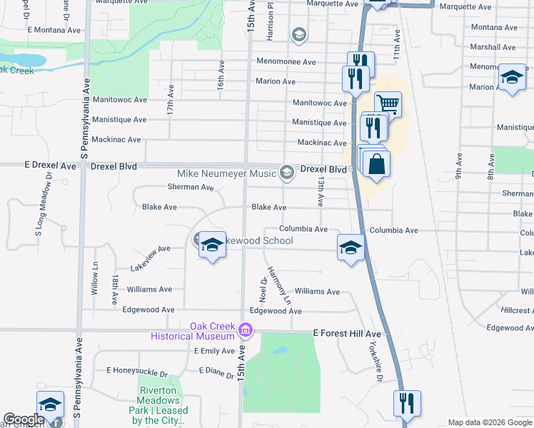 map of restaurants, bars, coffee shops, grocery stores, and more near 1420 Columbia Avenue in South Milwaukee