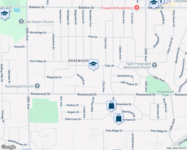 map of restaurants, bars, coffee shops, grocery stores, and more near 2370 Tyler Street in Georgetown Township