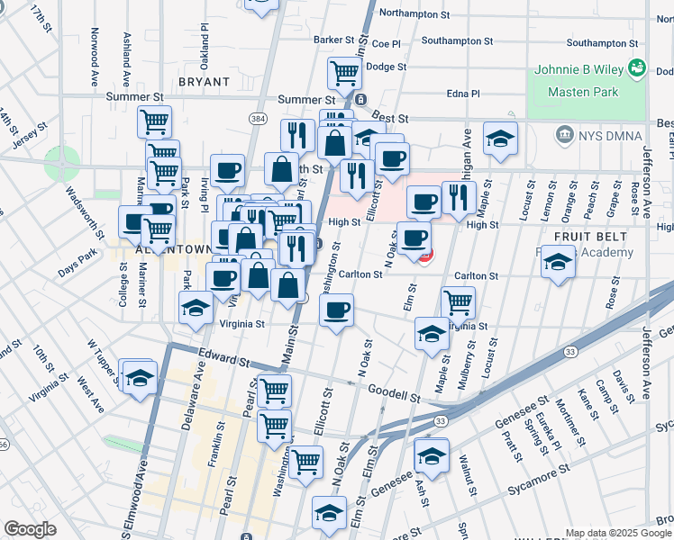 map of restaurants, bars, coffee shops, grocery stores, and more near 923 Washington Street in Buffalo