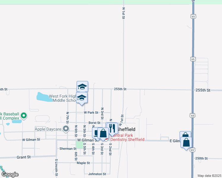 map of restaurants, bars, coffee shops, grocery stores, and more near 1489 255th St in Sheffield