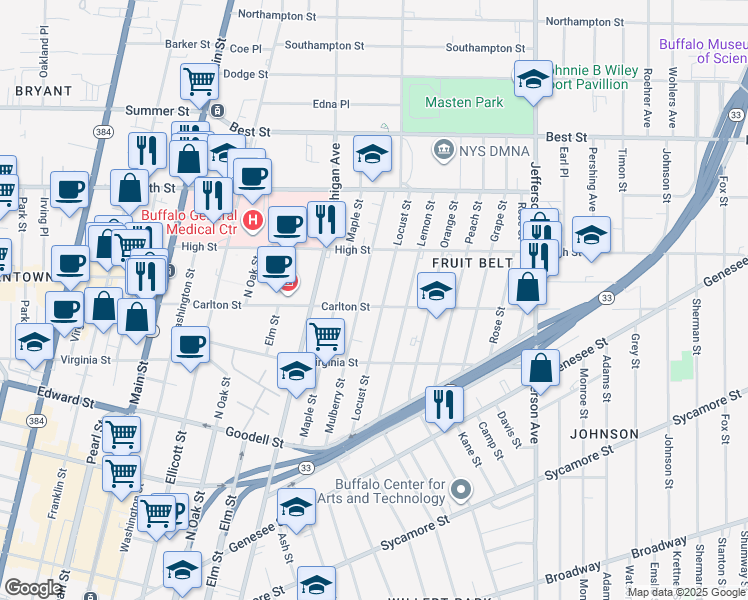 map of restaurants, bars, coffee shops, grocery stores, and more near 222 Carlton Street in Buffalo