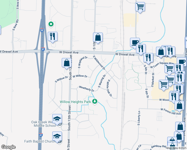 map of restaurants, bars, coffee shops, grocery stores, and more near 8028 South Wake Forest Drive in Oak Creek