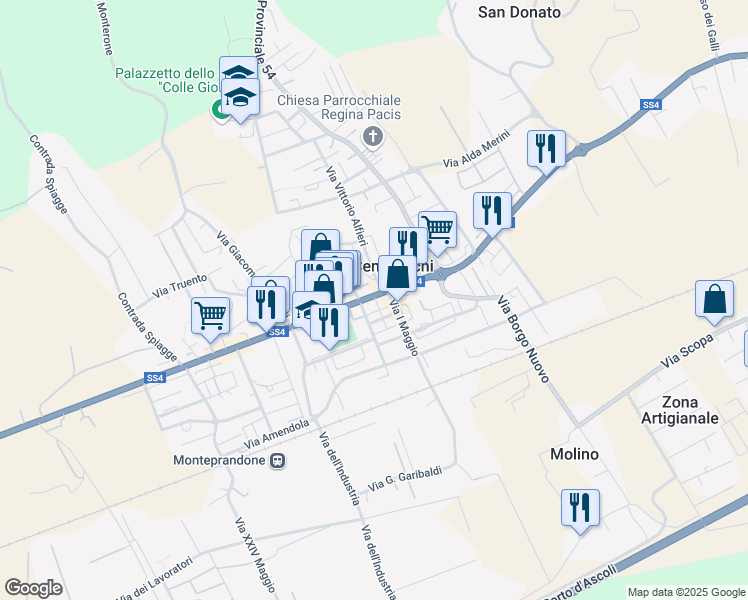 map of restaurants, bars, coffee shops, grocery stores, and more near 73 Viale Alcide De Gasperi in Centobuchi
