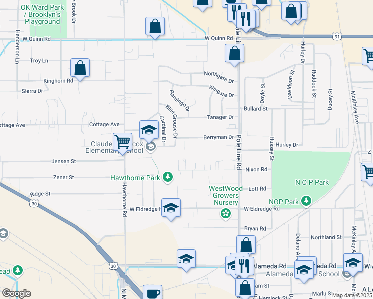 map of restaurants, bars, coffee shops, grocery stores, and more near 965 Berryman Road in Pocatello